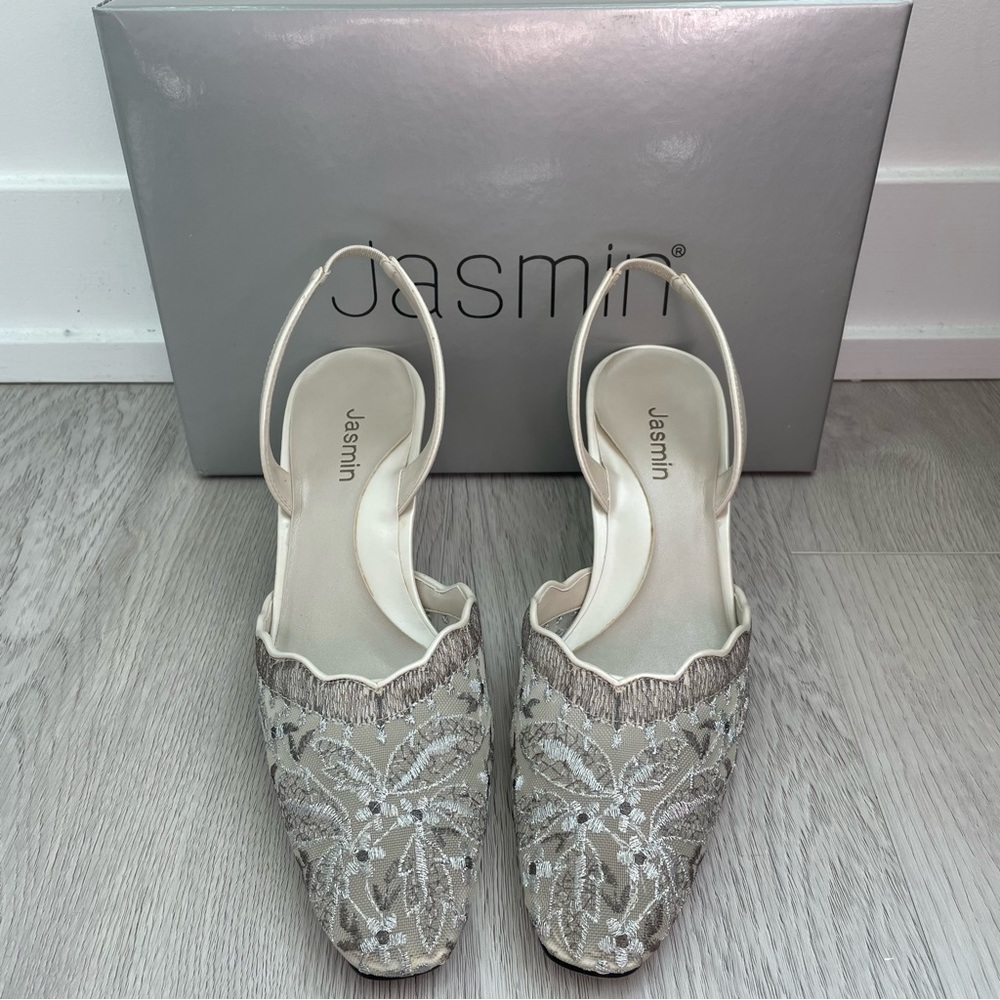 Jasmin Silver Lace Kitten Low Heel Slingback Sandal